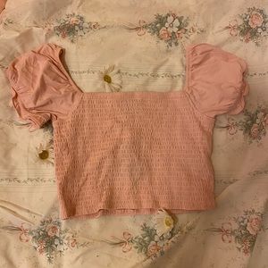 pink puff sleeve smocked crop top